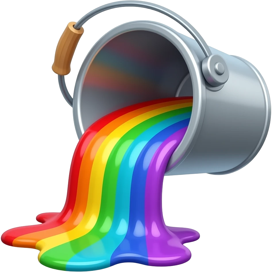 2D paint bucket pouring out rainbow paint titlted at a 10 degree angle facing right emoji