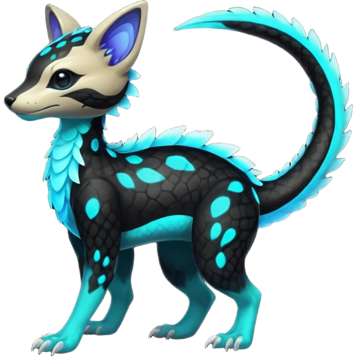 Rare realistic black-scaled neon-glowing bioluminescent edgy badass epic pretty beautiful handsome gorgeous aesthetic colorful vibrant Vernid-Trico-species-Fakemon-creature by LiLaiRa, 4 legs, 1 tail, random markings, (full body) emoji