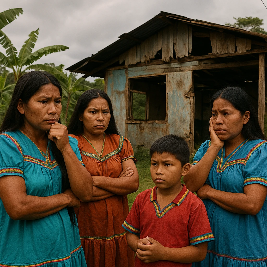 scene showing Costa Rican indigenous people worried about lack of educational centers, with a background of a deteriorated or absent school emoji