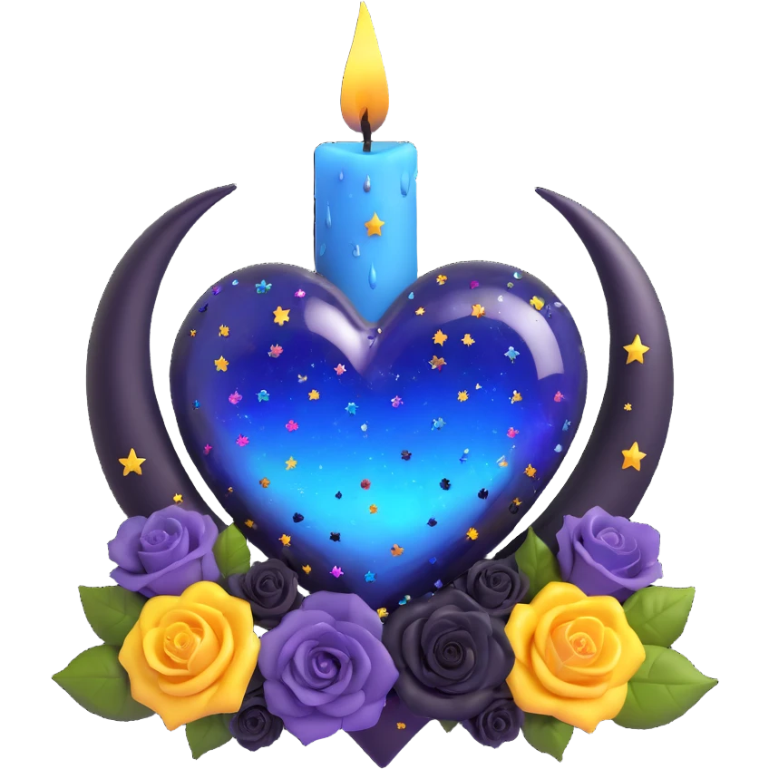 gothic heart made of midnight blue glass with silver crescent moon, tiny black roses, shimmering stardust, rainbow iridescent, dripping candle wax, confetti burst emoji