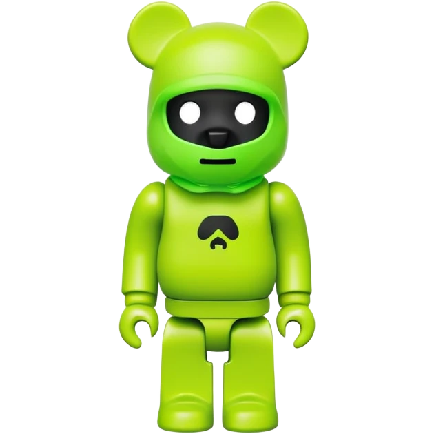 bearbrick toy wearing a neon lime green balaclava with a small black logo emoji