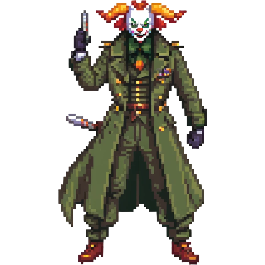 evil clown soldier, bald, black horns on forehead, fangs, pointed ears, eye patch over one eye, long coat over black and military green clothes with bellbottom pants, tail, holding a different style of whip, realistically proportioned, less bulky, full body, fighting stance emoji