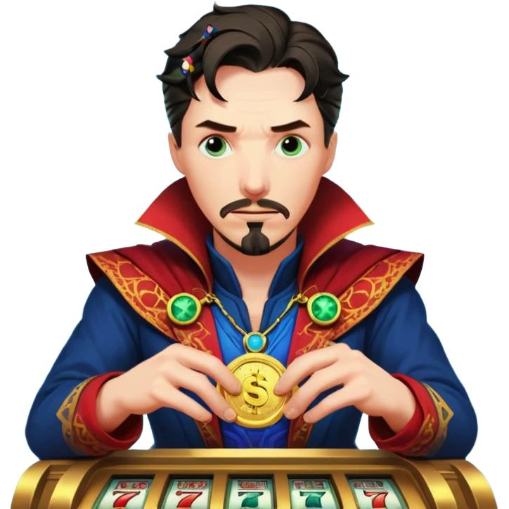 disheveled Doctor Strange losing money at a slot machine, panicked face, coins flying emoji