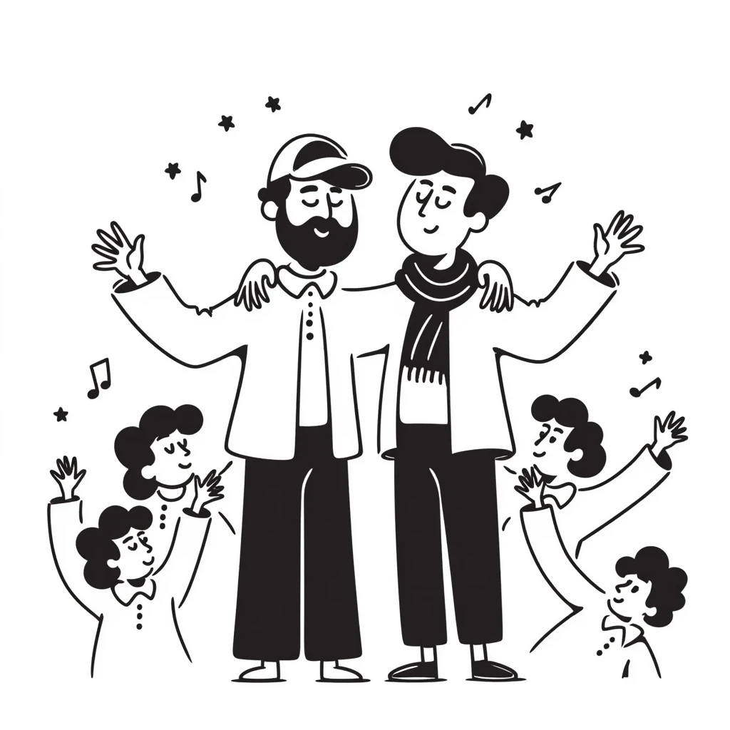Two brothers who are musicians: a noticeably taller 35-year-old with stylized beard and backwards cap (big brother) with his arm around his shorter 25-year-old brother. Side by side, facing forward, celebrating. Music notes and stars around. Band members cheering in background. emoji