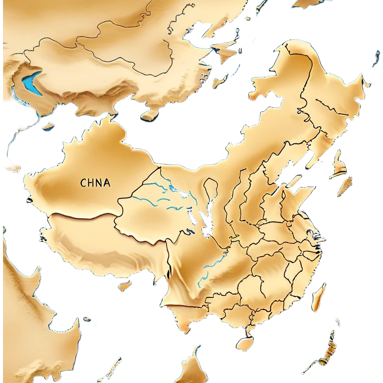 Cinematic-realistic outline of china, featuring its distinct landmass with accurately defined coastlines. The deep blue ocean surrounds the golden-brown continent, with subtle topographic shading to highlight its terrain. A soft glowing effect enhances the edges, making the shape stand out against a neutral, textured background. emoji