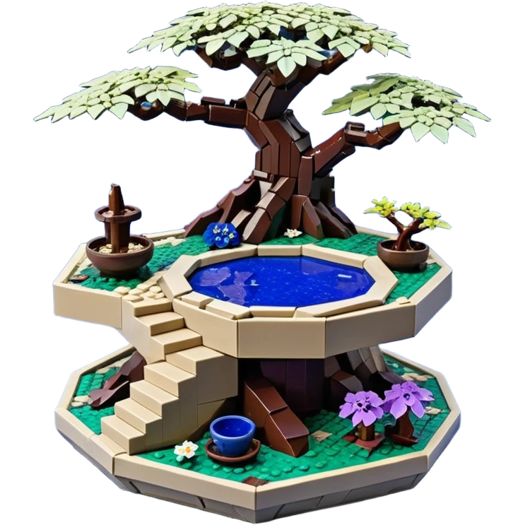  Ancient saucer-castle jungle Lego winding trail mountainside getaway haunted nighttime landscape antique mudman very old broken cracked intricately detailed Stone Age lapis-crusted irregular dodecagon-shaped shallow dark moss rough bark violet flowered maple bonsai Saikei coffee table-sized pot  emoji