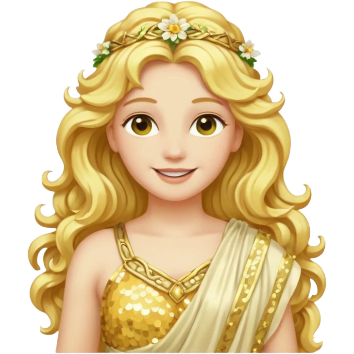 Flora, Goddess of Flowers from Roman Deities with long golden blonde wavy hair, pale yellow sequin toga  emoji