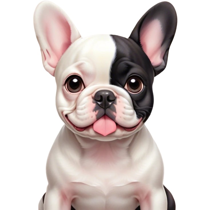 Cinematic Cute Pied French Bulldog Portrait Emoji, Head tilted with a sweet, mischievous grin and large, inviting eyes, featuring a unique pied fur of contrasting colors, simplified yet irresistibly endearing, highly detailed, glowing with a warm, playful radiance, high shine, exuding a quirky charm and affectionate personality, styled with a soft, lighthearted outline, capturing the essence of a cute Pied French Bulldog that looks ready to charm its way into your heart! emoji