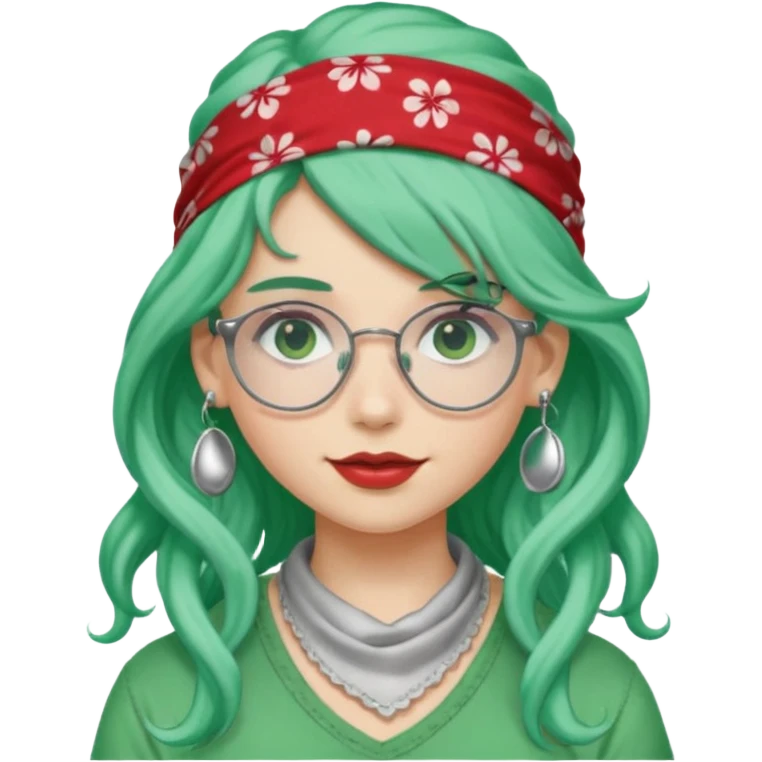 girl with long curly peppermint green hair and single-color bandana and glassess and earring emoji
