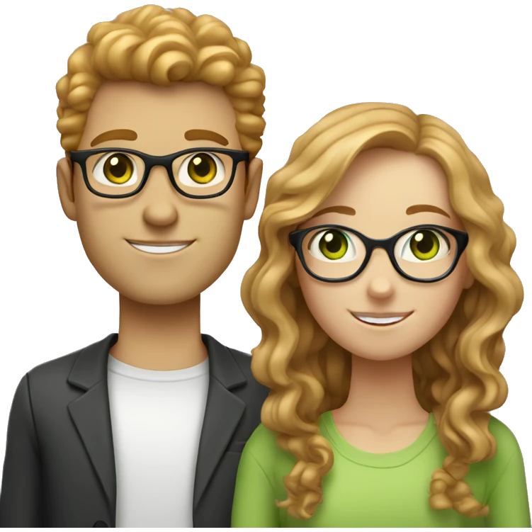 white ginger girl with straight hair and green eyes is with a tan brunette boy that has curly hair green eyes and glasses emoji