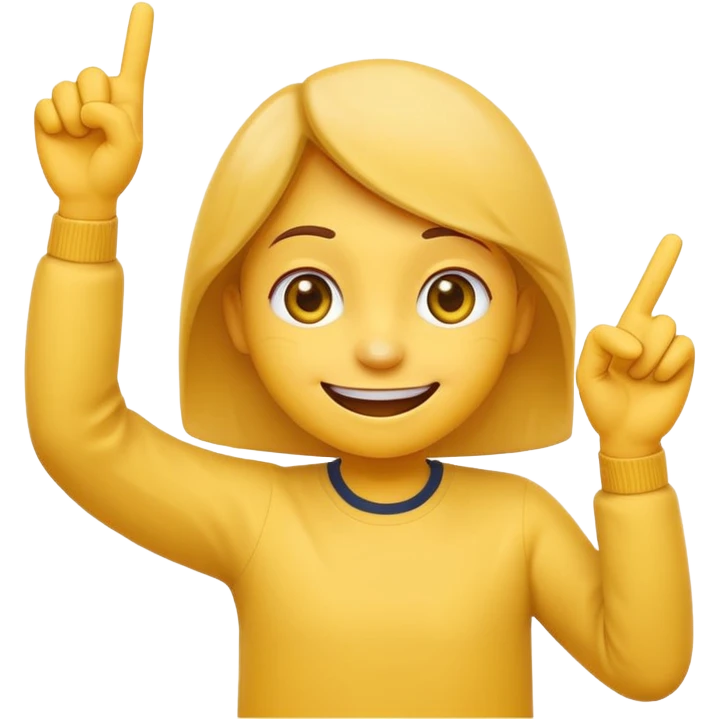 A 2D cartoon-style yellow emoji with a mischievous smile, shaped eyes, and both hands pointing upward with index fingers.  clean digital style, and a fun, dancing expression. Style similar to children’s drawing tutorials, dancing expression. No background, isolated on white.  emoji