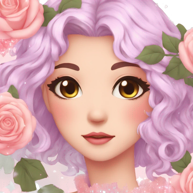 Gorgeous pastel anime style lady with blushing face and roses leaves glitter sparkle aesthetic trending style emoji