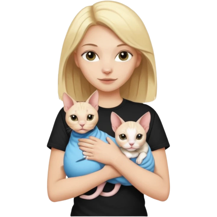 A white girl with blonde hair black T-shirt is holding a white Sphynx girl cat in her arms emoji