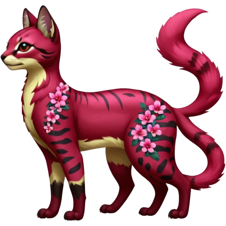 Colorful dark tropical ruby rose floral butterfly exotic cute cool beautiful shiny beautiful fantasy-caracal-civet-genet-sergal-vernid-serval-Gryphon-Cacomistle-Trico-oncilla-animal-Fakémon-hybrid-fursona (full body) emoji