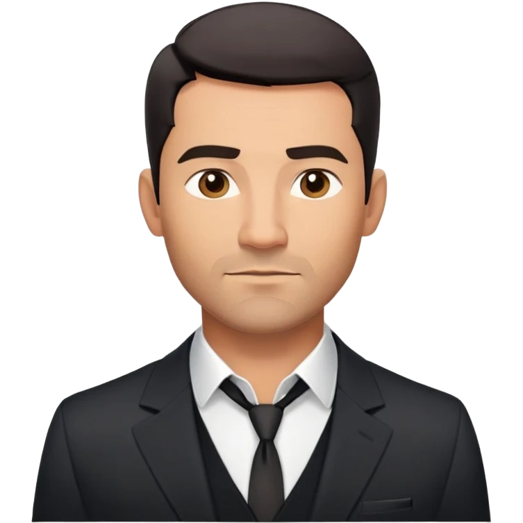 Handsome athletic man in his mid-40s with tan skin, short black hair with clear fade cut, 5 o'clock shadow facial hair, strong square masculine face, warm approachable expression, black blazer worn open, white buttoned shirt with collar unbuttoned, explicitly no tie emoji
