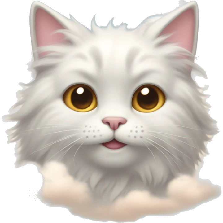 A fluffy cat with cloud-like fur, small angelic wings, flying in a pastel sky with soft clouds and a cheerful expression. emoji