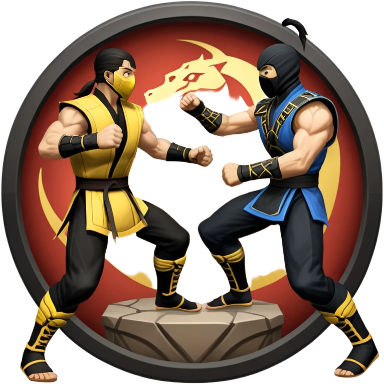 An icon showing two fighters in combat poses, inspired by Mortal Kombat. One character delivers a powerful kick, while the other blocks. The background features an iconic arena from the game with life bars at the top, symbolizing intense battles. Transparent background. emoji