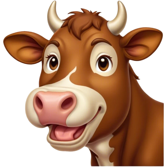 Cinematic Cute Yawning Brown Cow Portrait Emoji, Head tilted slightly with a dramatic, wide-open yawn, showcasing a smooth, rich brown hide with a subtle shine, floppy ears slightly drooping, round brown eyes barely open in drowsy contentment, Simplified yet irresistibly adorable features, highly detailed, glowing with a soft, cozy glow, high shine, relaxed yet expressive, stylized with a touch of pastoral whimsy, bright and endearing, soft glowing outline, capturing the essence of a sleepy yet affectionate cow, so drowsy it feels like it could amble right out of the screen and curl up for a nap! emoji