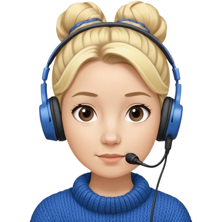 a girl with blue knitwear with a blonde hair
bun and her job is a podcaster (recording microphone in front of her not held and a headphone in her head) emoji