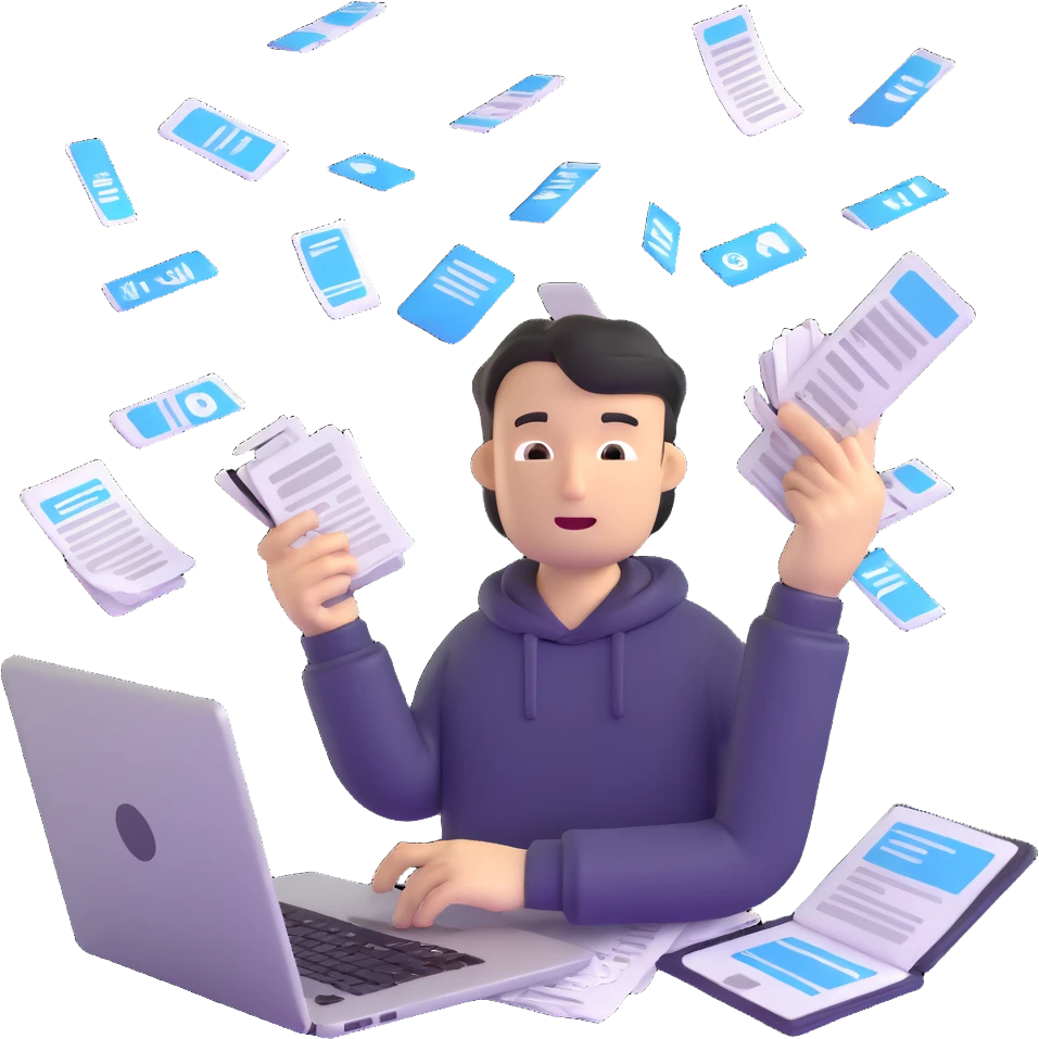 person holding a phone in one hand, laptop open in front, storm of receipts, invoices, and reminders swirling around, multitasking chaos emoji