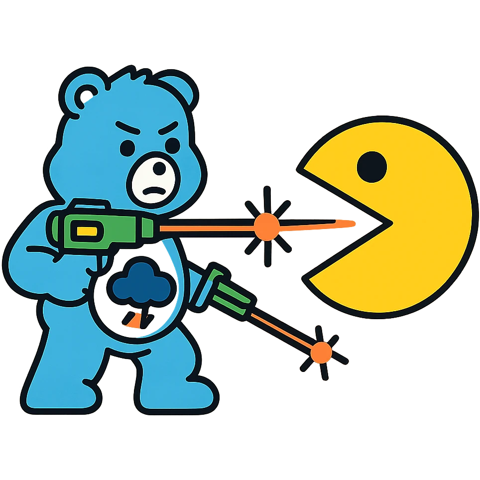 Care Bears and Pacman in a laser battle, 80's sci-fi style emoji