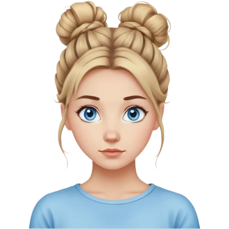 Woman cute, hair in messy bun, sky eyes emoji