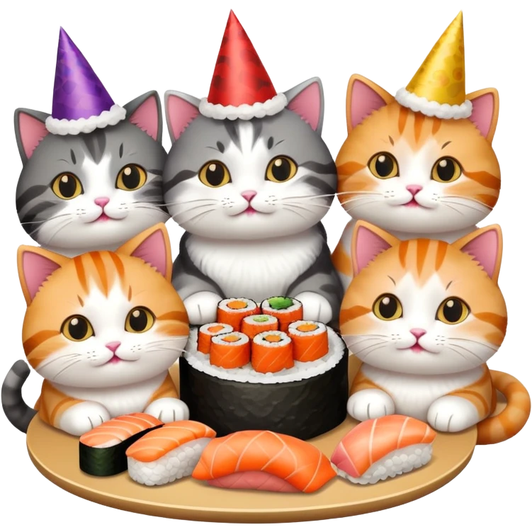 nine cats eating sushi at a birthday party emoji