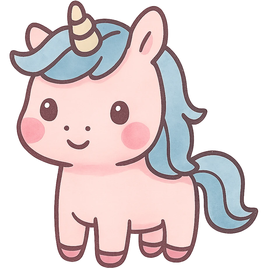 kawaii pink unicorn with blue hair, pink cheeks emoji