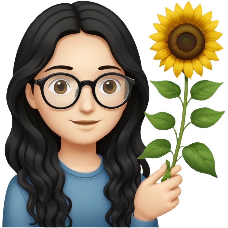 hazme un emoji que me represente: me gusta el color negro, uso lentes, tengo el cabello ondulado, de color negro y largo, tengo la cara media delgada ,me gustan los girasoles  emoji