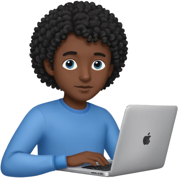 мужчина с черными кудрявыми волосами и серо-голубыми глазами с ноутбуком emoji