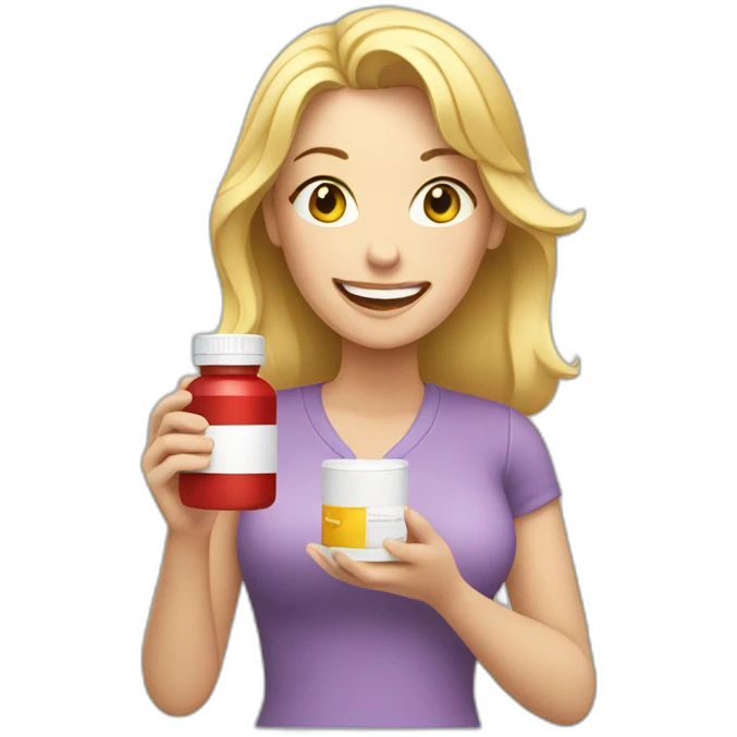 Happy blonde Mom holding pill bottle emoji