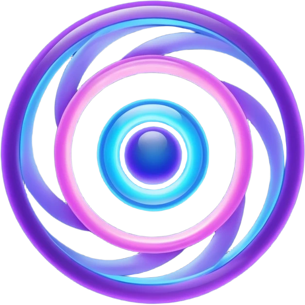 Futuristic retry symbol for a game: glowing circular energy ring with a rotating neon core, vibrant blue and violet Virtuosa colors, smooth soft shapes like a friendly floating orb, dynamic swirl effect suggesting a restart. Playful, modern, high-tech. No text. Full background.
 emoji