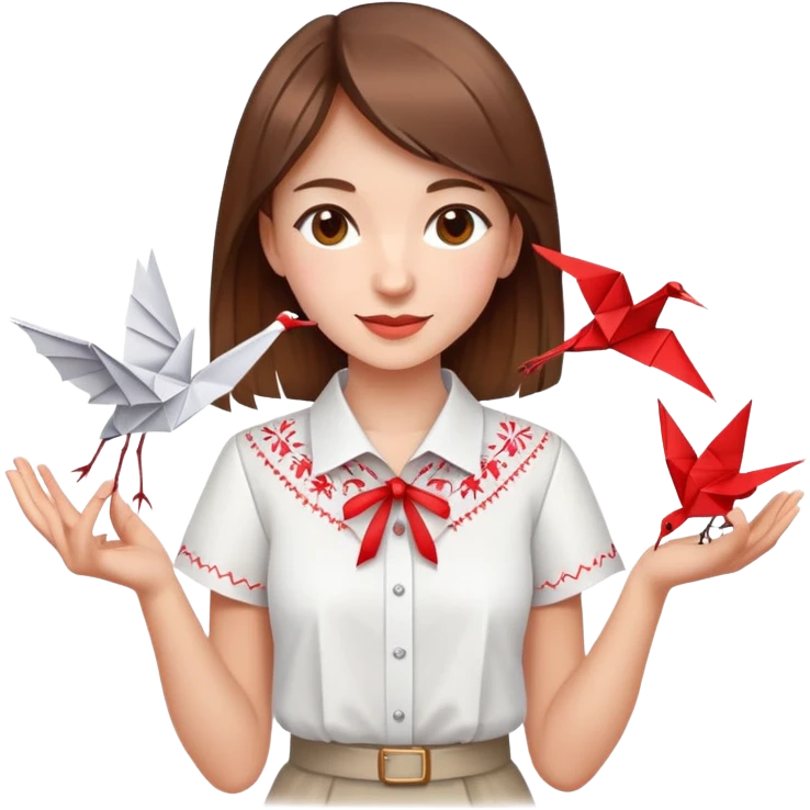 A happy Ukrainian young girl with brown hair in a white embroidered shirt makes an origami red crane craft emoji
