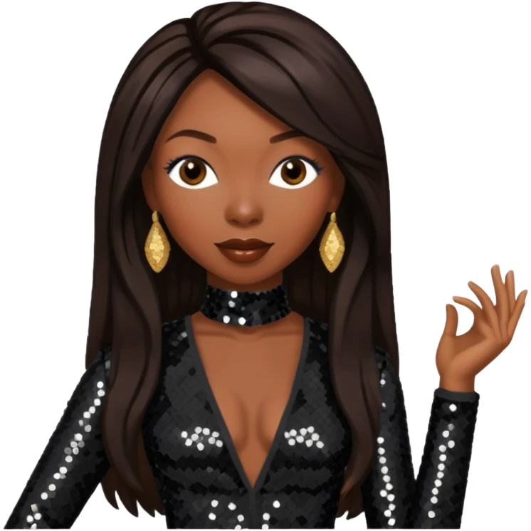 Brandy Norwood with long dark brown hair, dark brown sequin outfit emoji