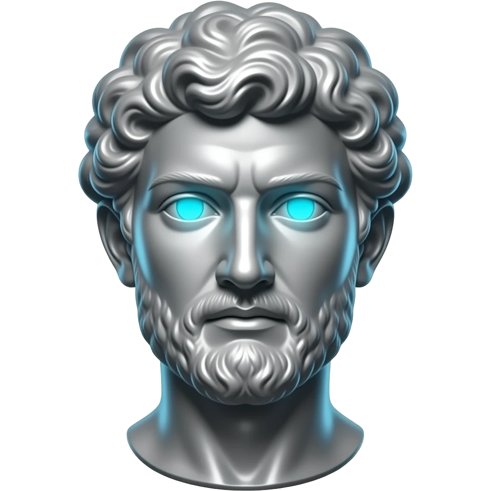 "Silver Greek statue bust, front view, stoic expression, eyes glowing bright cyan (#00D4B1), cyan light reflecting off the metallic surface. Dark background, emoji style, transparent background, high detail." emoji