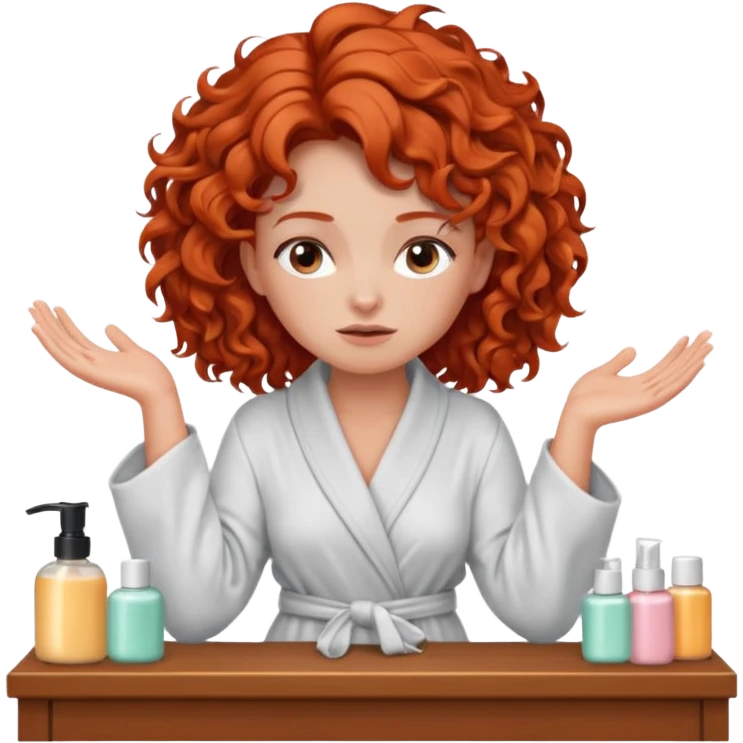 Cartoon emoji of a girl with voluminous curly red hair, fair skin, warm brown eyes. Wearing a chic milky silk robe with long sleeves, no makeup. Sitting at a vanity full of skincare products, holding her head with both hands, unsure which to choose. Smooth, simple, stylized." emoji