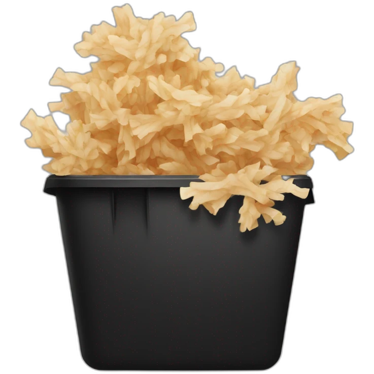 Black cubic plastic container with wood shavings inside, and a white tube with three branches at the top  emoji