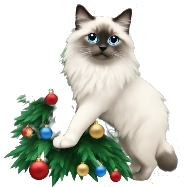 Blue colorpoint ragdoll with dark nose climbing a Christmas tree emoji