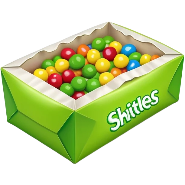 Torn open Skittles package with green candies visible inside, minimalist style with simple rainbow colors. emoji