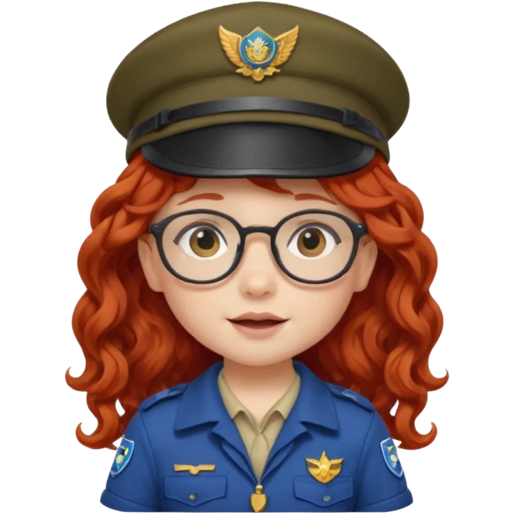scout girl baby with uniform including the hat,  little with glassess and long curly red hair emoji