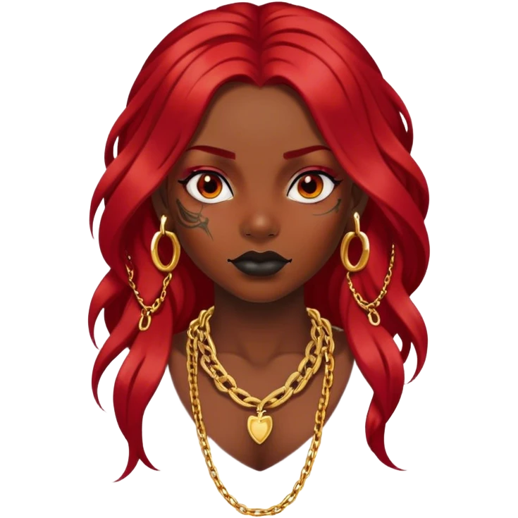 Black dark skin long Red hair girl with tattoos on face, gold chain around neck emoji