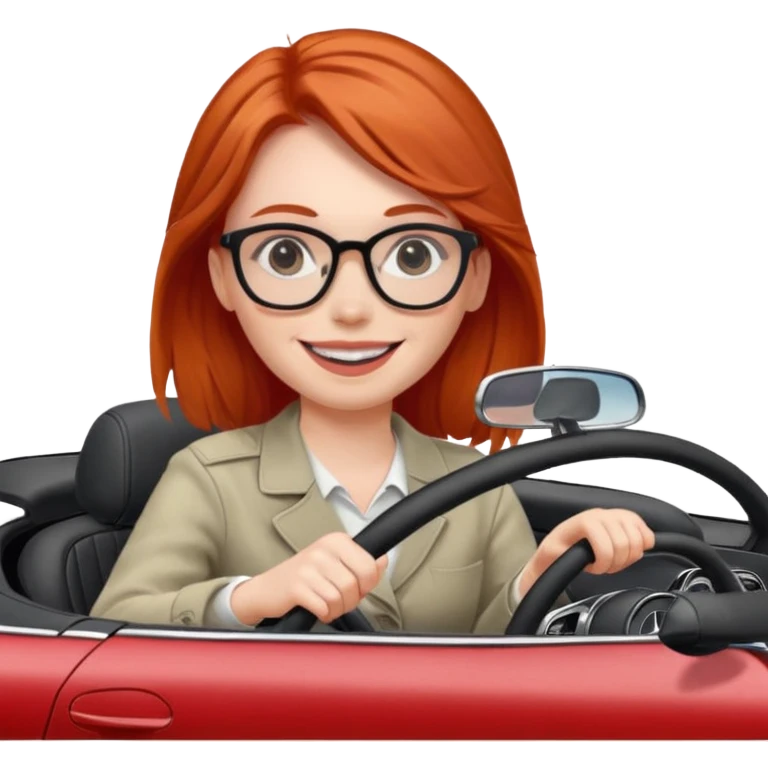 Red head girl smiling with glasses driving fast in a Mercedes convertible emoji
