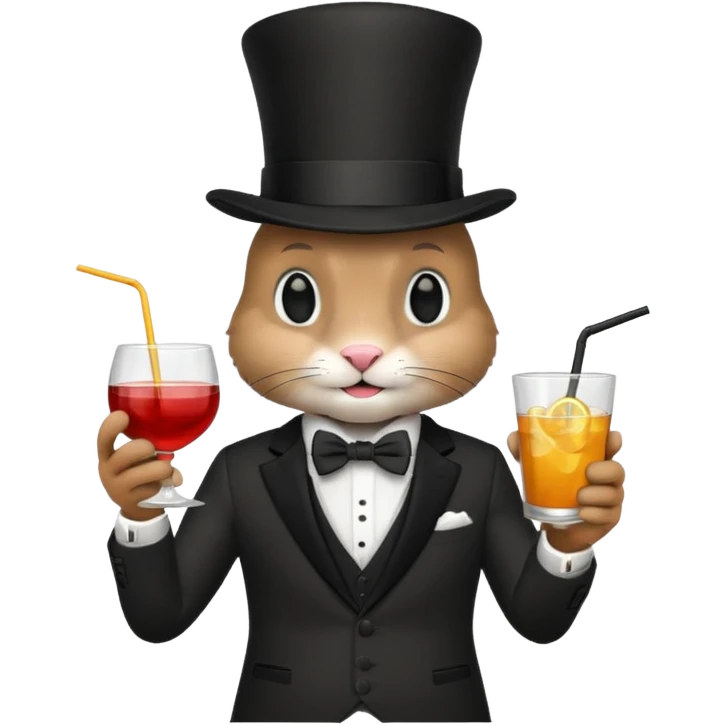rabbit wearing suit, bowtie and top hat, holding glass of drink emoji