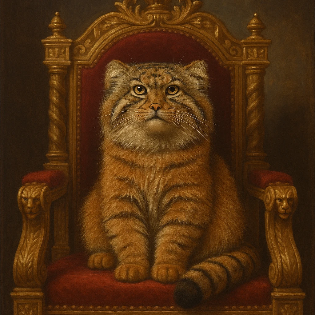 A brown-orange Pallas's cat (Manul) sitting on a royal throne, looking majestic emoji