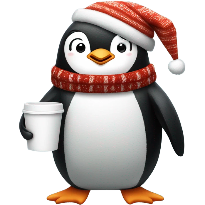 penguin wearing a Christmas sweater full body little arms, holding a coffee cup emoji