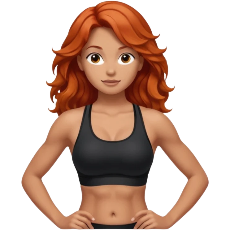 Athletic girl with long light red wavy hair and smaller boobs bigger arms. middle part and black sports bra, long hair, show stomach emoji