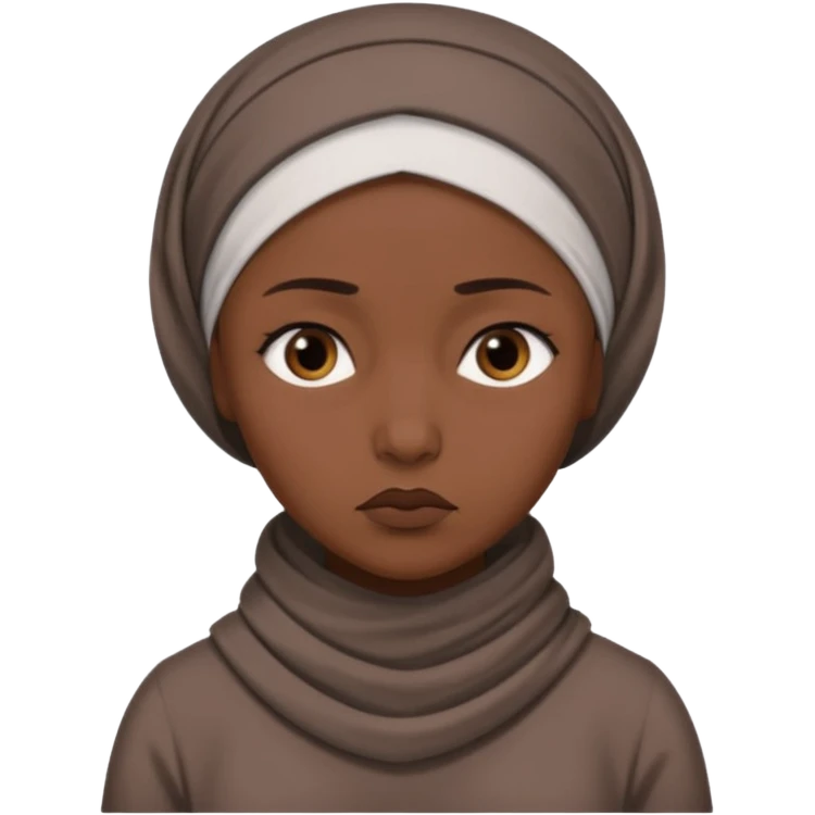 Emoji portrait of a female domestic slave. She has a sad expression and wears a plain dress with a headscarf. emoji