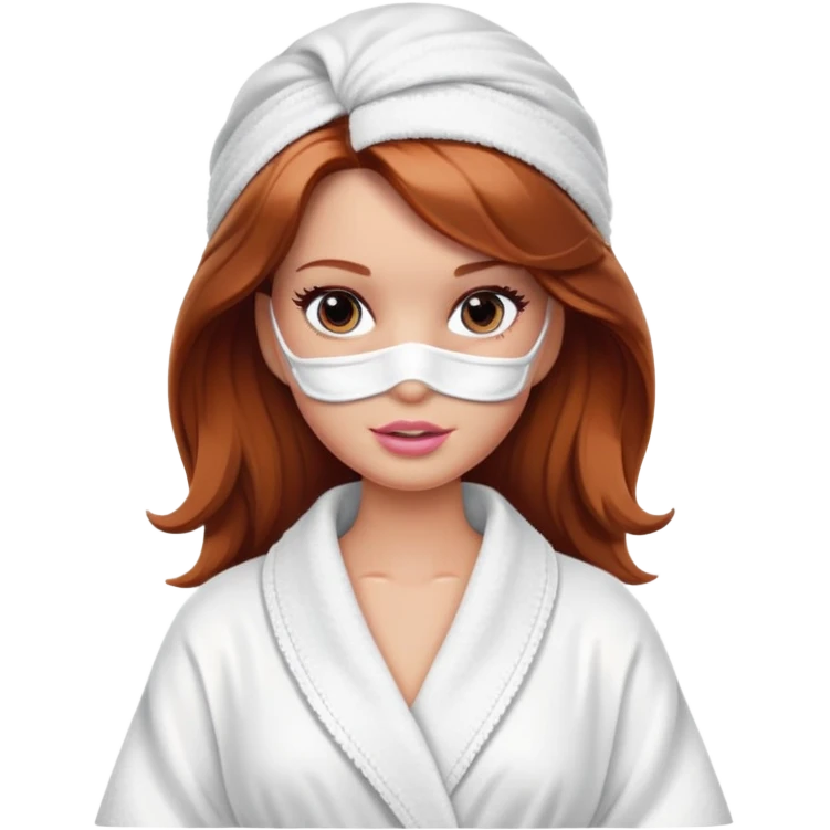 A Barbie face with shoulder-length reddish-brown hair, makeup, a smeared face mask, and a bathrobe. emoji