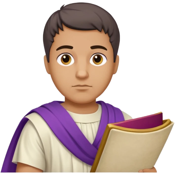 An emoji portrait of a Roman nobleman. He wears a white toga with a purple border. He has a serious, dignified expression and holds a scroll. emoji
