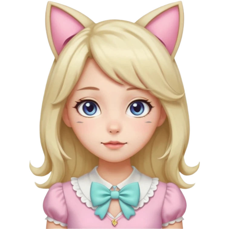 Gorgeous pastel anime style lady with blushing cheeks, cat ears, long beautiful Lucious stylish hair, big pretty eyes, cute colorful pastel dress and skirt and bow ties, and necklace emoji